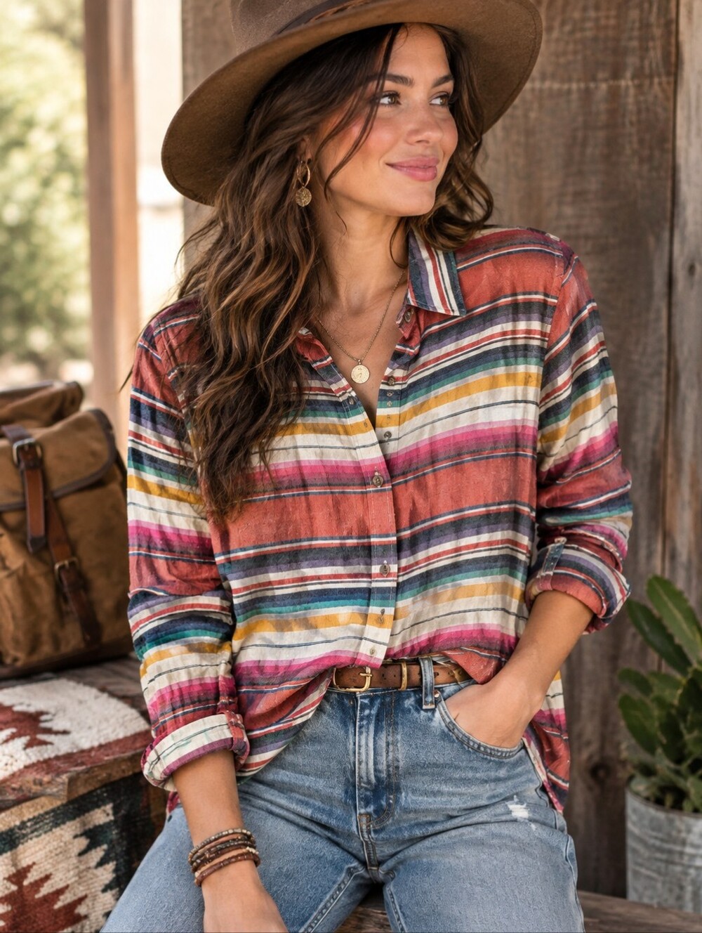 American Living Multi-Stripe Women's Button-Down Shirt Size Large Southwestern